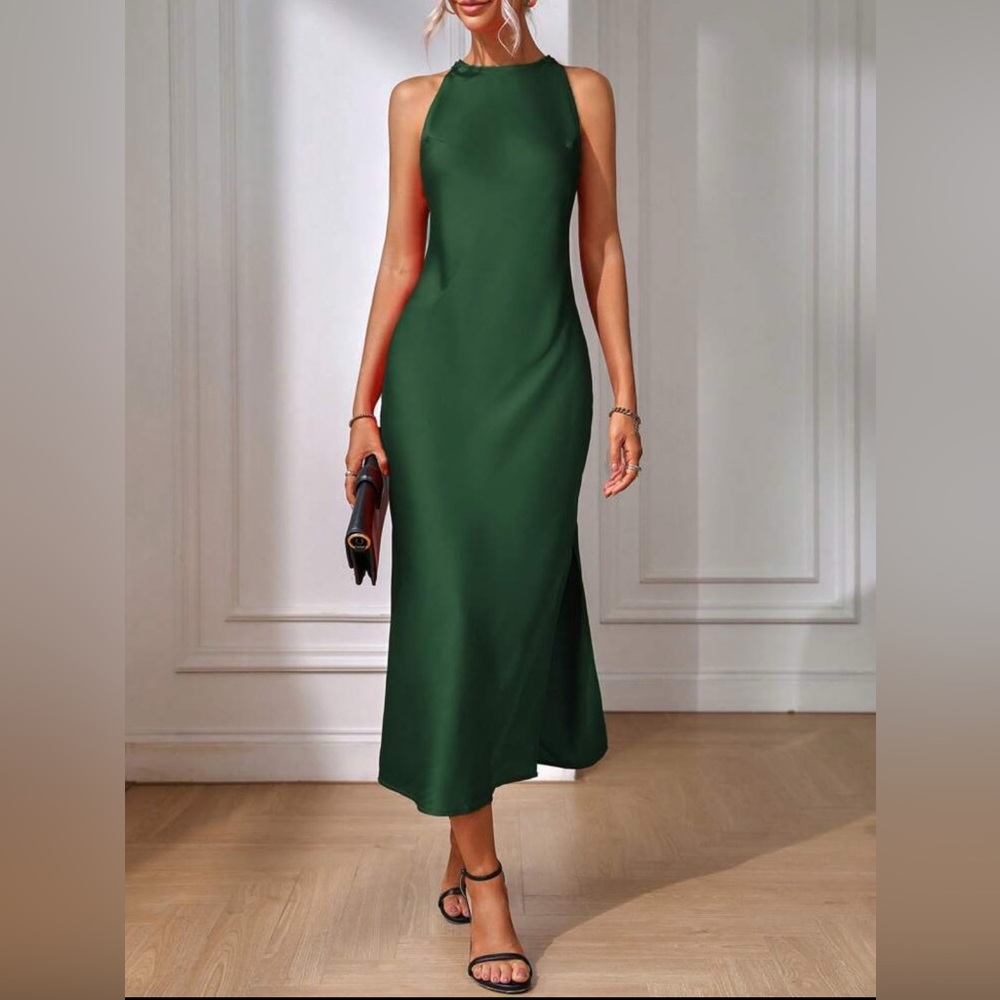 Dark Green Satin Midi Dress
